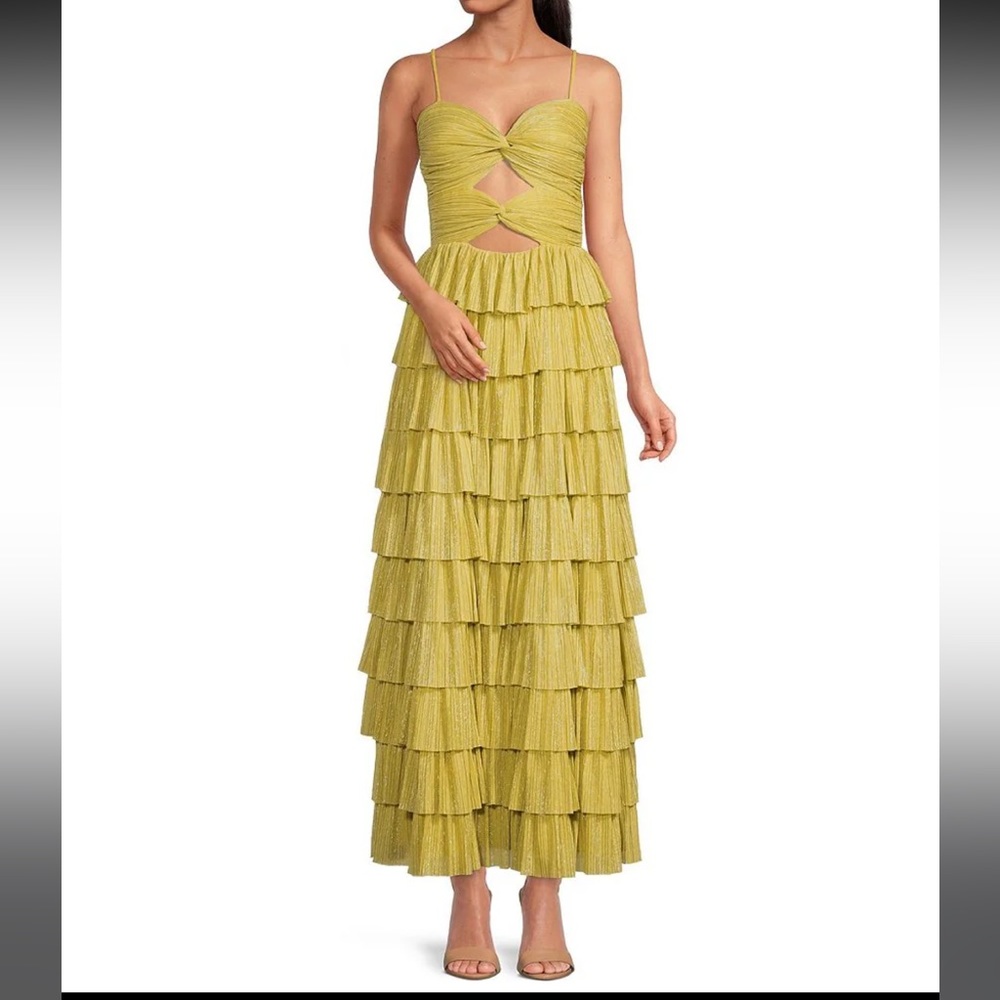 Gianni Bini Grace Metallic Plisse Sweetheart Neck Cut-Out Tiered Dress - Size 8